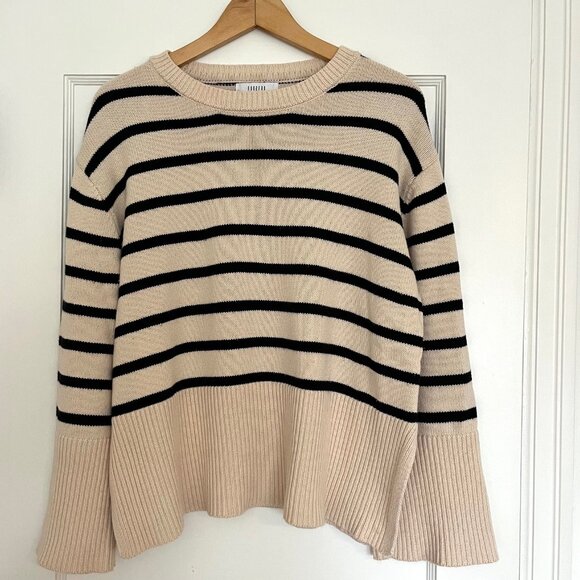 fun 2 fun Sweaters - 100% Cotton Cream and Black Striped Sweater with Split Hem | Size S/M